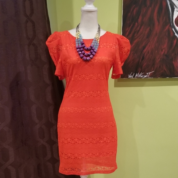 Bright Orange Mini Dress With Puff Sleeves - Picture 2 of 3